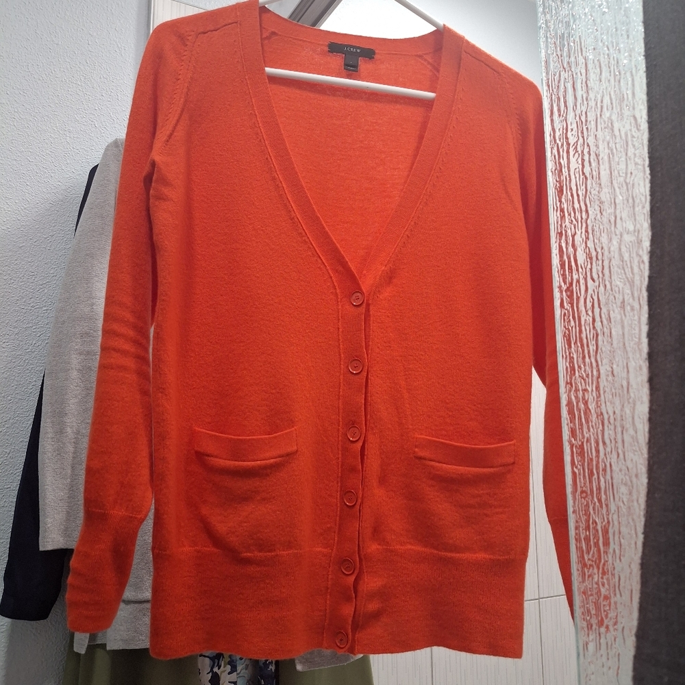 J Crew 100% Wool Orange Classic Button Up Down V Neck Cardigan Sweater S 4 Fall
